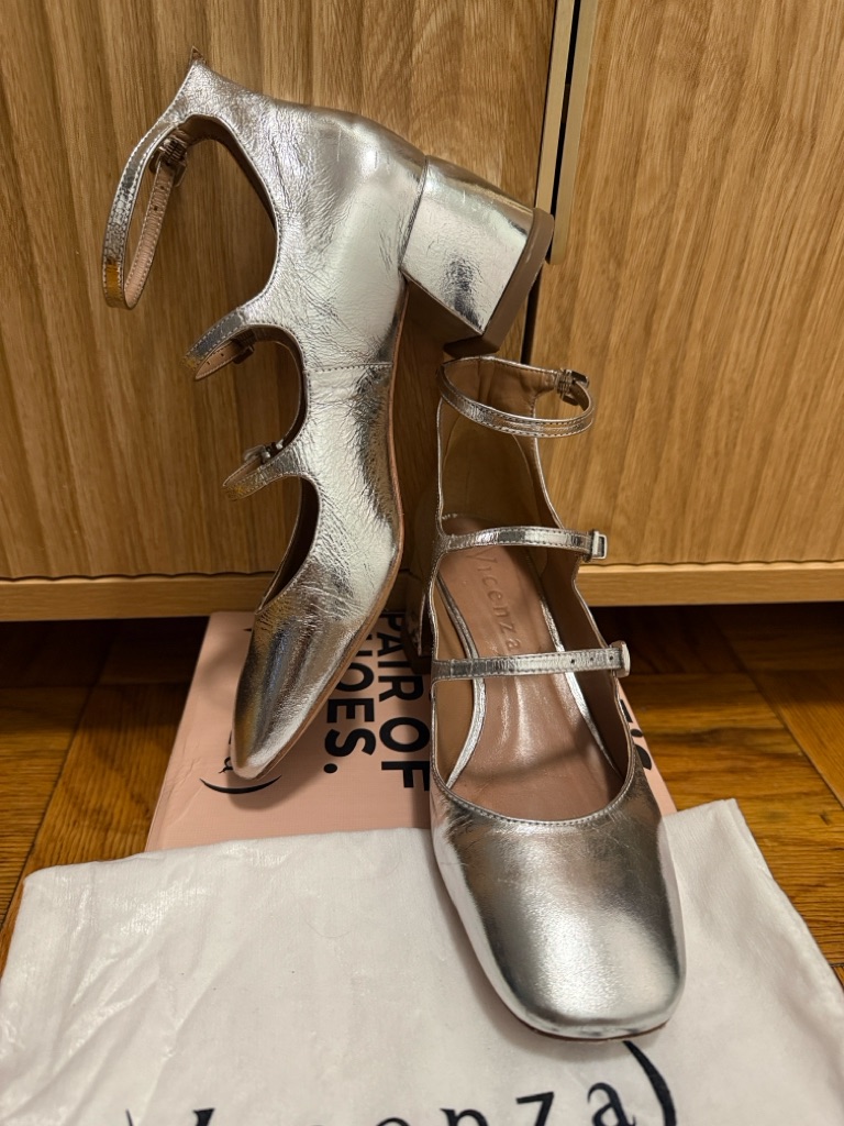 Metallic Silver TripleStrap Block Heel Womens Pumps